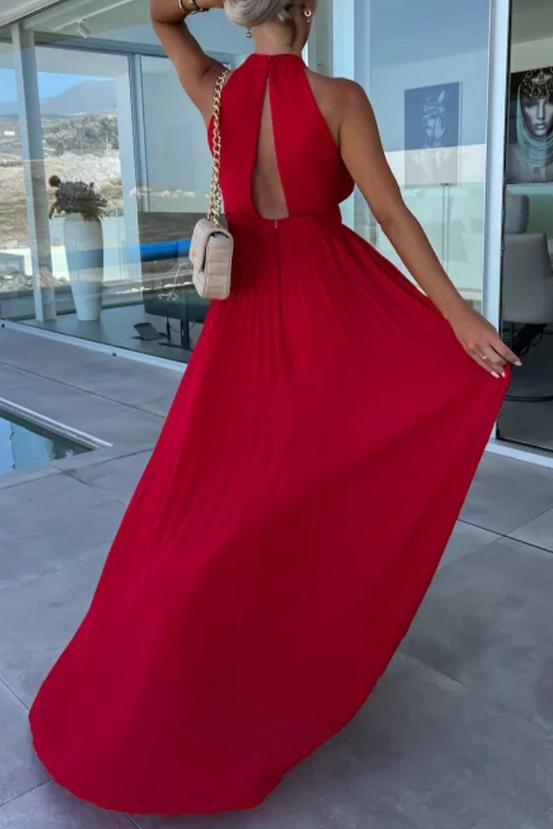 Kaynafashions - Celebrities Elegant Solid Fold Halter Waist Skirt Dresses