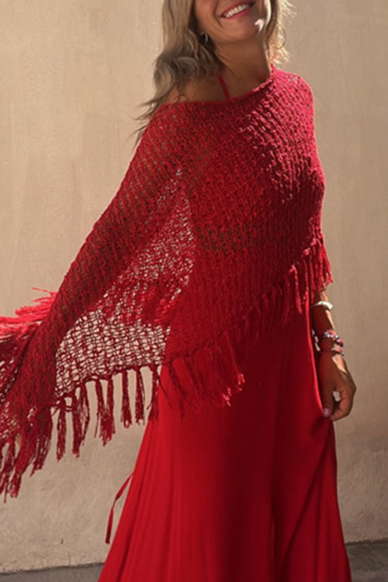 Kaynafashions - Vacation Solid Tassel Hollowed Out O Neck Outerwear