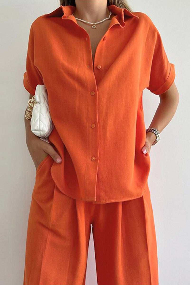 Kaynafashions - Casual Solid Patchwork Turndown Collar Short Sleeve Two Pieces