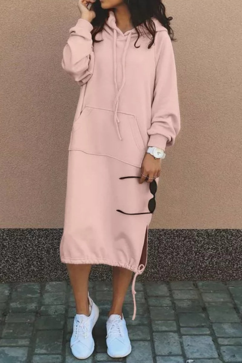 Kaynafashions - Casual Solid Patchwork Hooded Collar Long Sleeve Dresses