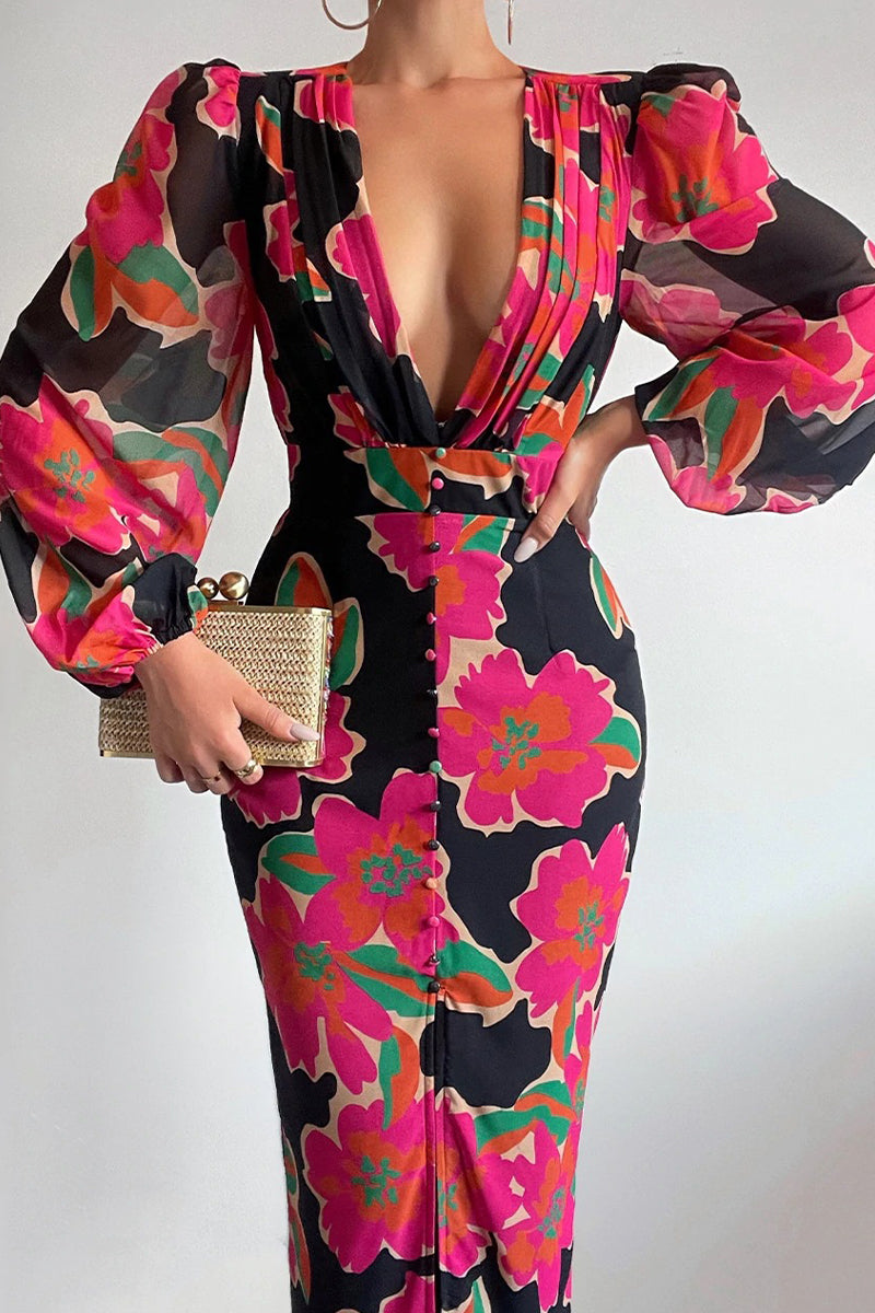 Kaynafashions - Elegant Floral V Neck Printed Dress Dresses