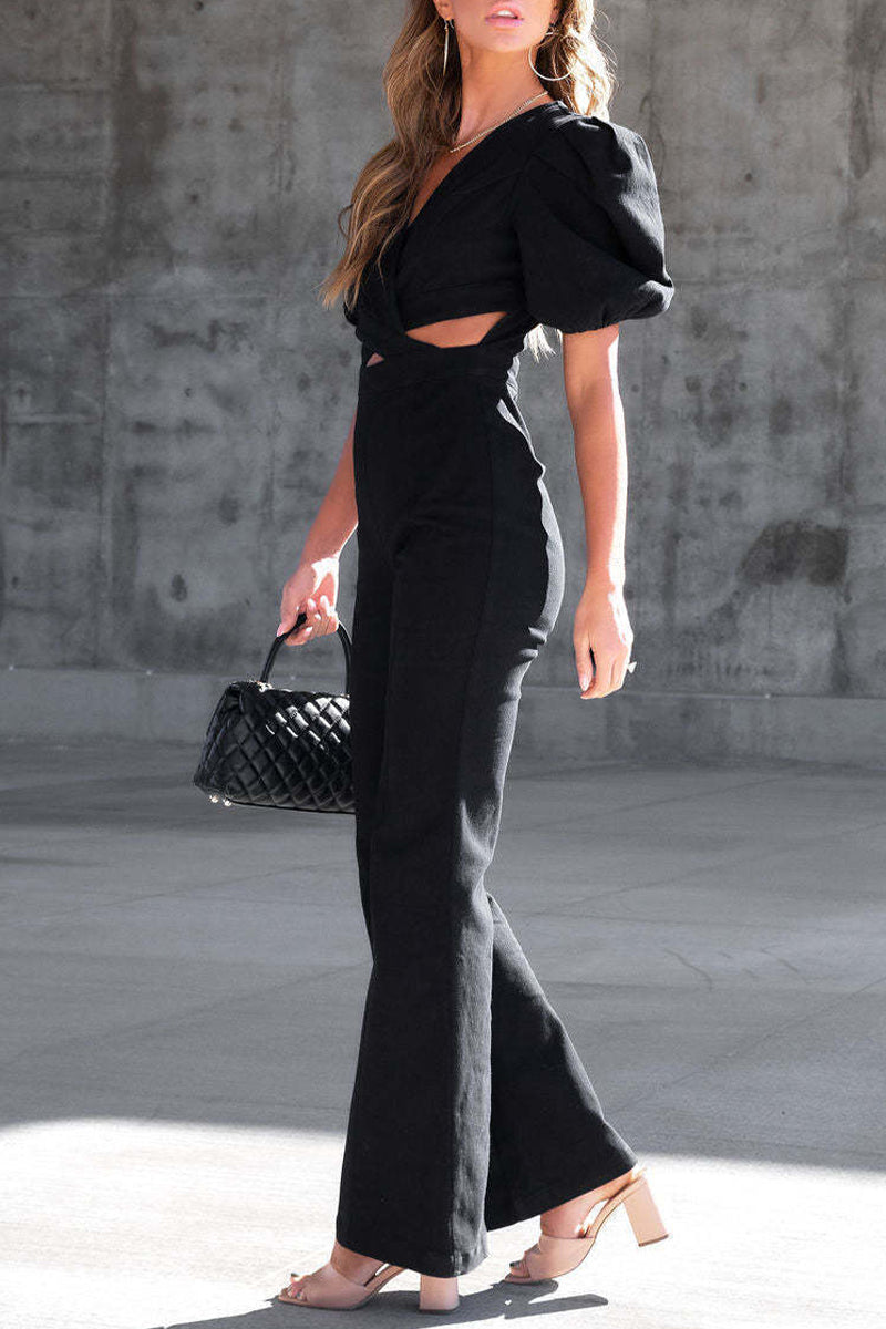 Kaynafashions - Casual Street Solid Hollowed Out V Neck Short Sleeve Regular Denim Jumpsuits