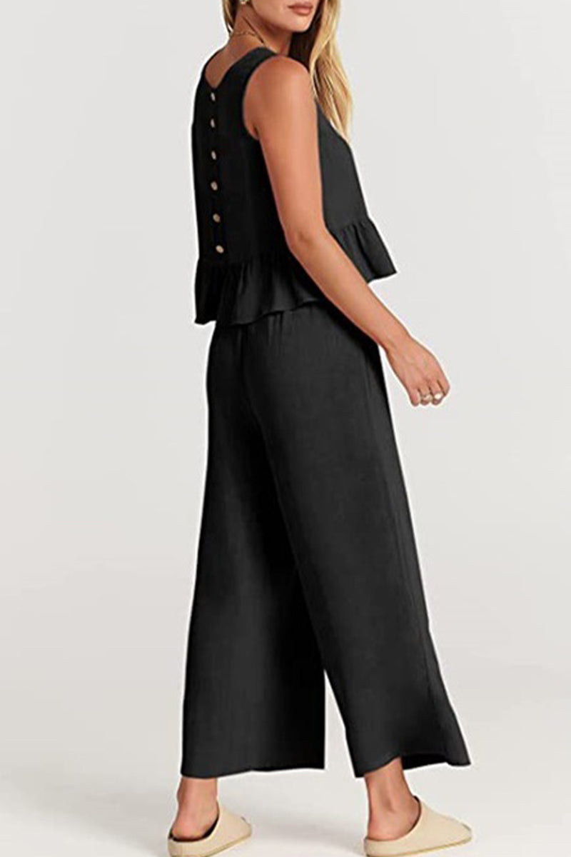 Kaynafashions - Casual Simplicity Solid Pocket Buttons O Neck Sleeveless Two Pieces