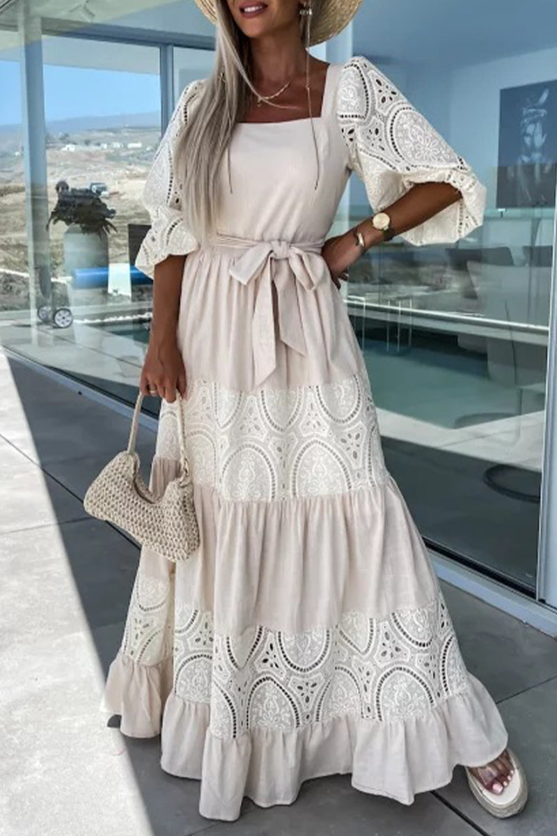 Kaynafashions - Sweet Elegant Solid Lace Hollowed Out Frenulum Square Collar Princess Dresses