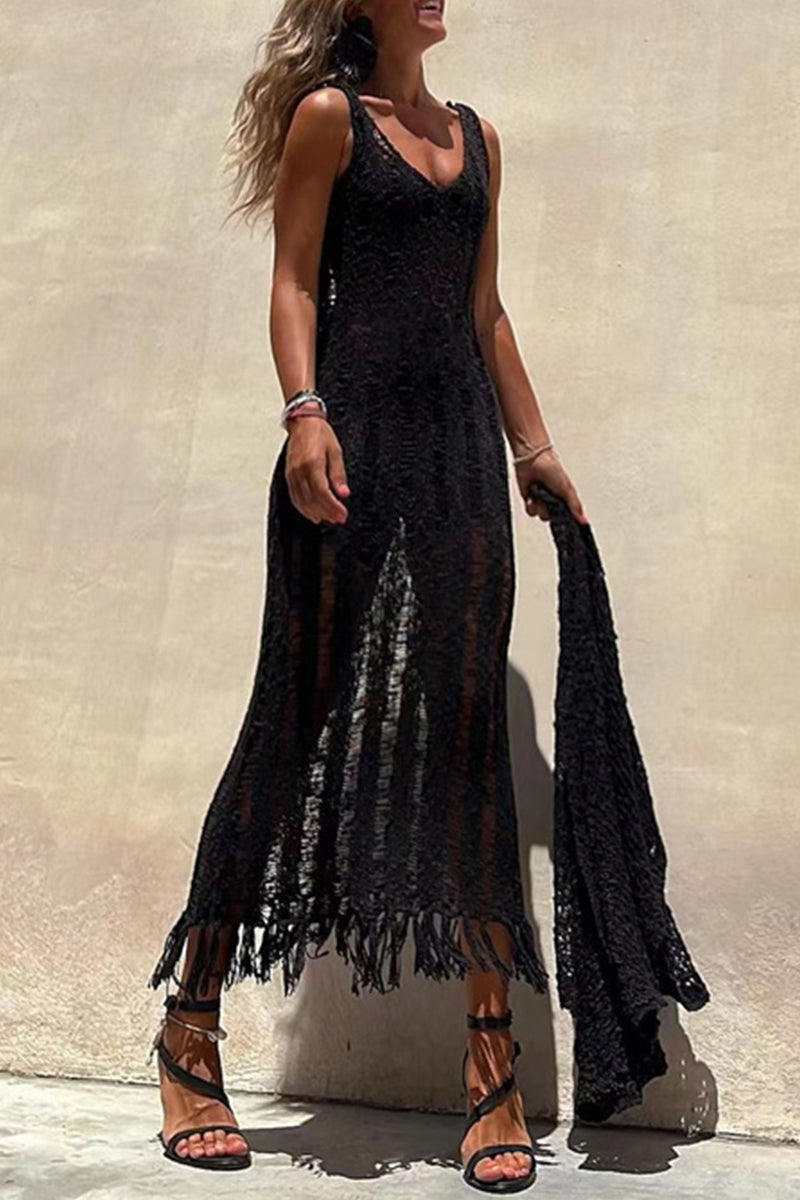 Kaynafashions - Sexy Solid Tassel Hollowed Out V Neck Sling Dress Dresses