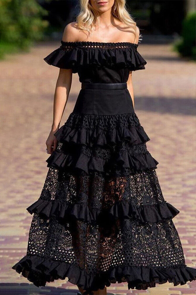 Kaynafashions - Celebrities Elegant Solid Lace Hollowed Out Without Belt Off the Shoulder A Line Dresses