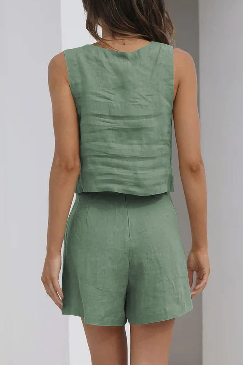 Kaynafashions - Casual Simplicity Solid Pocket Square Collar Sleeveless Two Pieces(16 Colors)