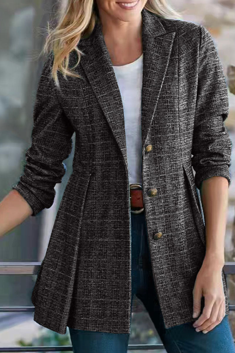 Kaynafashions - Fashion Street Plaid Patchwork Buckle Turn-back Collar Outerwear(3 Colors)