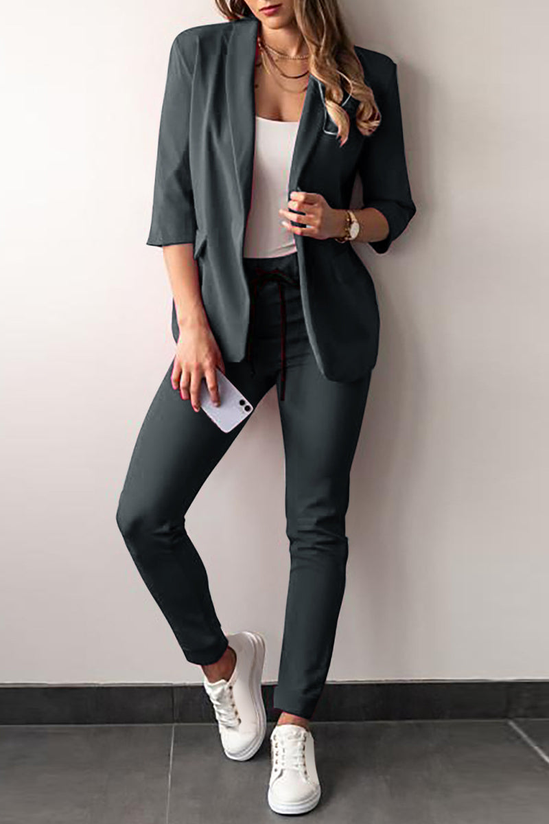 Kaynafashions - Casual Solid Frenulum Turn-back Collar Three Quarter Two Pieces