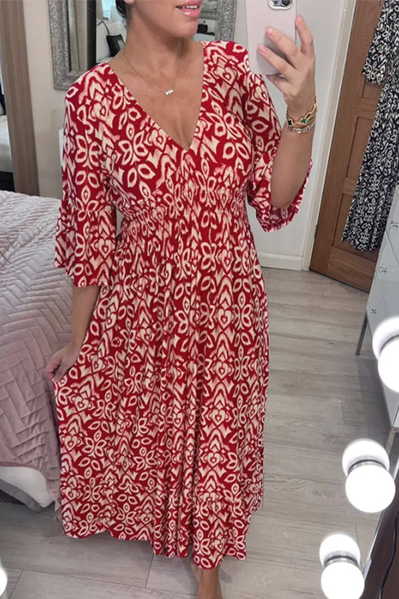 Kaynafashions - Elegant Floral Patchwork V Neck A Line Dresses(6 Colors)