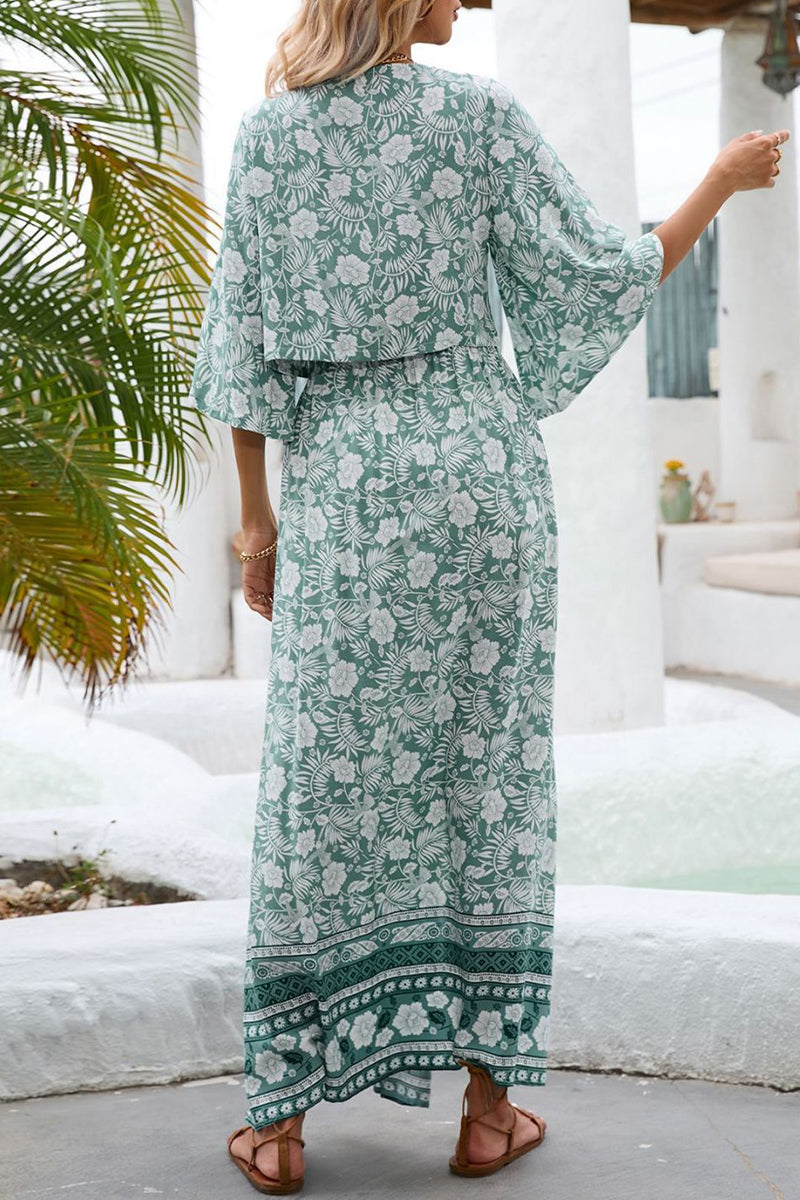 Kaynafashions - Bohemian Vacation Print Frenulum V Neck Half Sleeve Two Pieces