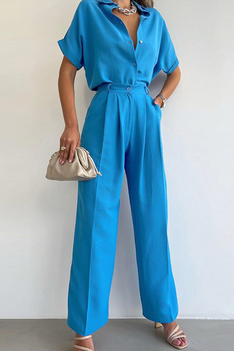 Kaynafashions - Casual Solid Patchwork Turndown Collar Short Sleeve Two Pieces