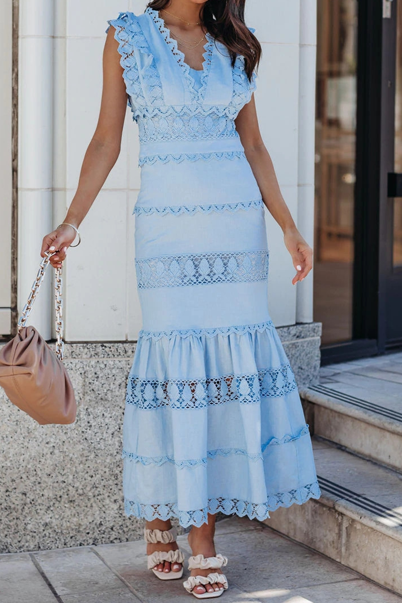 Kaynafashions - Casual Patchwork Lace V Neck Trumpet Mermaid Dresses(4 Colors)