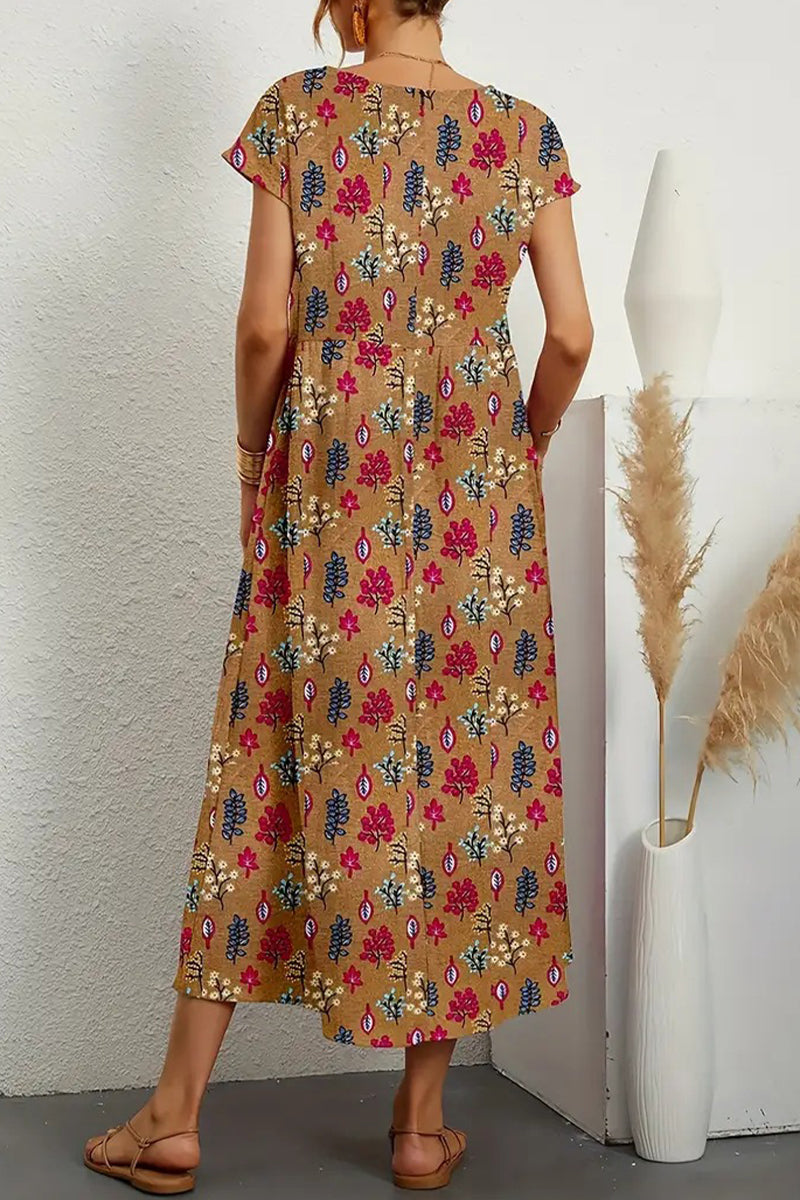 Kaynafashions - Casual Floral Pocket O Neck Printed Dress Dresses(9 Colors)