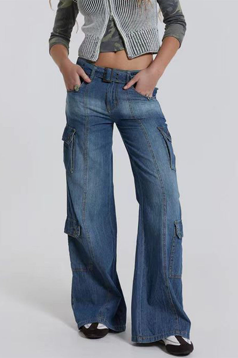 Kaynafashions - Street Solid Make Old Pocket Loose Low Waist Straight Solid Color Bottoms