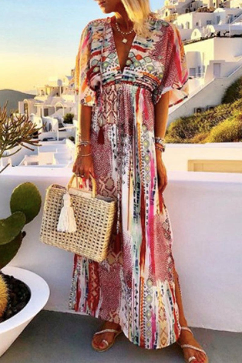 Kaynafashions - Casual Vacation Frenulum Printing V Neck Printed Dress Dresses