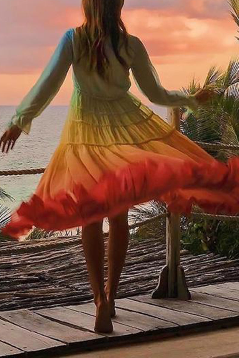 Kaynafashions - Elegant Gradual Change Patchwork Frenulum V Neck Printed Dress Dresses(3 Colors)