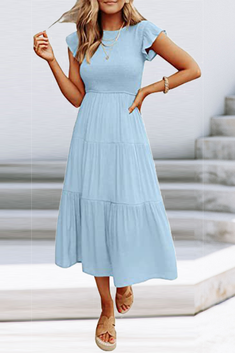 Kaynafashions - Fashion Solid Flounce O Neck Cake Skirt Dresses(9 colors)