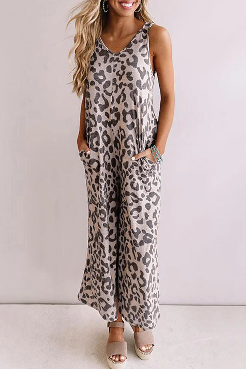 Kaynafashions - Casual College Leopard Pocket Loose Jumpsuits