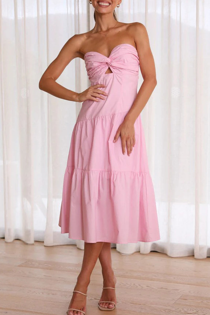 Kaynafashions - Sweet Elegant Solid Fold Strapless Waist Skirt Dresses