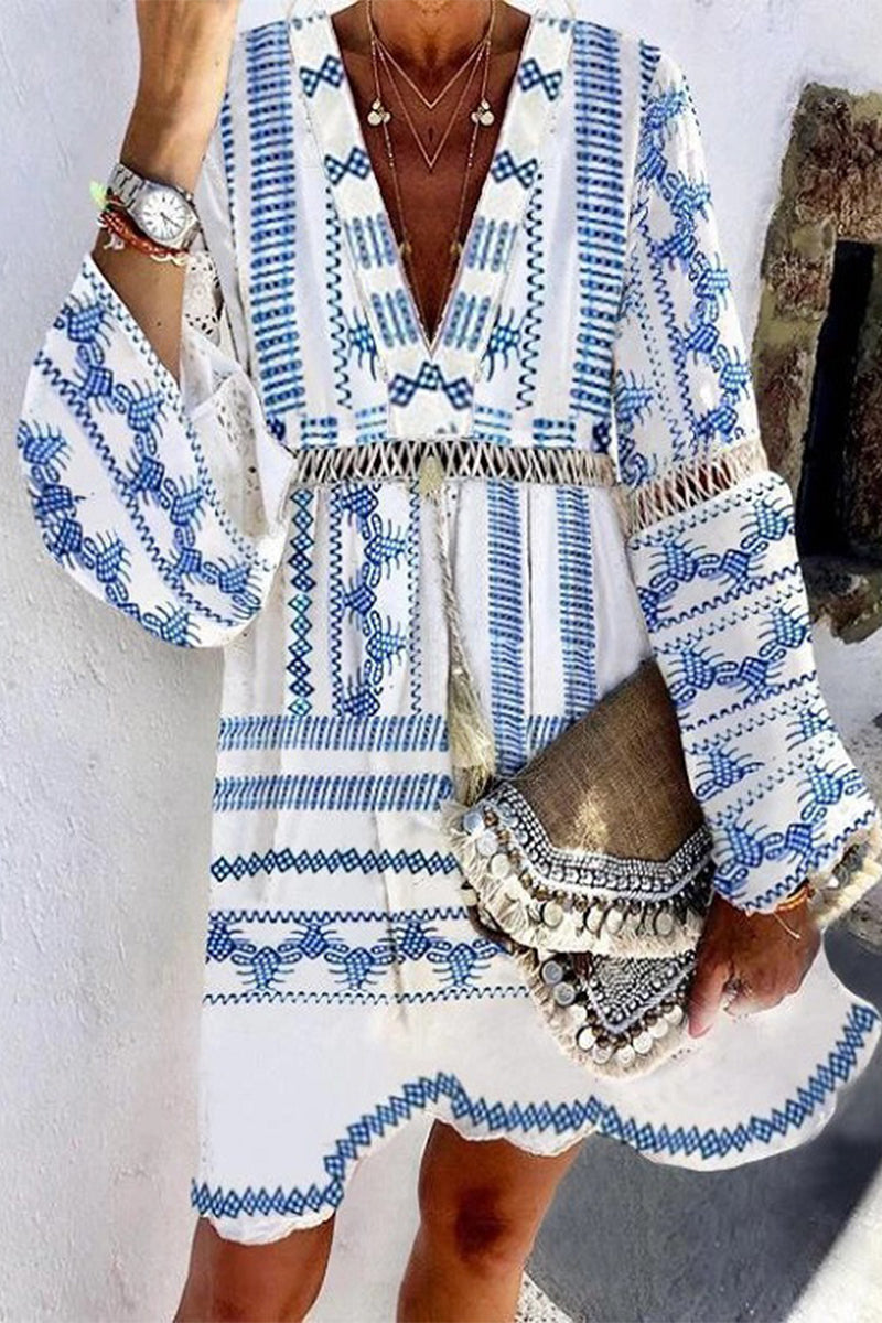 Kaynafashions - Bohemian Print Tassel V Neck Printed Dress Dresses