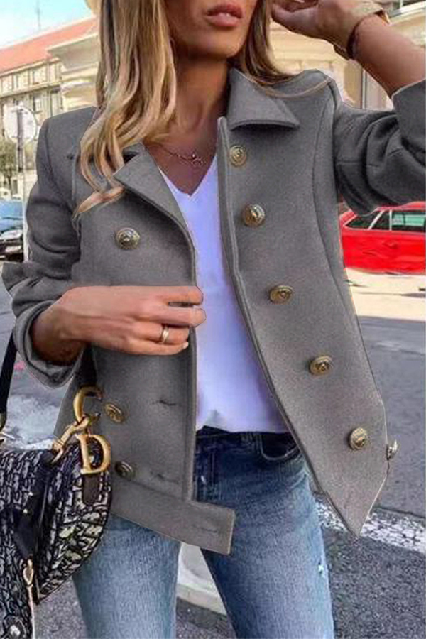 Kaynafashions - Casual Solid Patchwork Buckle Turndown Collar Outerwear(4 Colors)