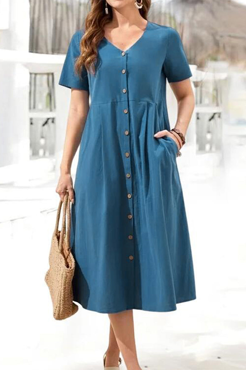 Kaynafashions - Casual College Solid Pocket Buckle V Neck Short Sleeve Dress Dresses(5 Colors)