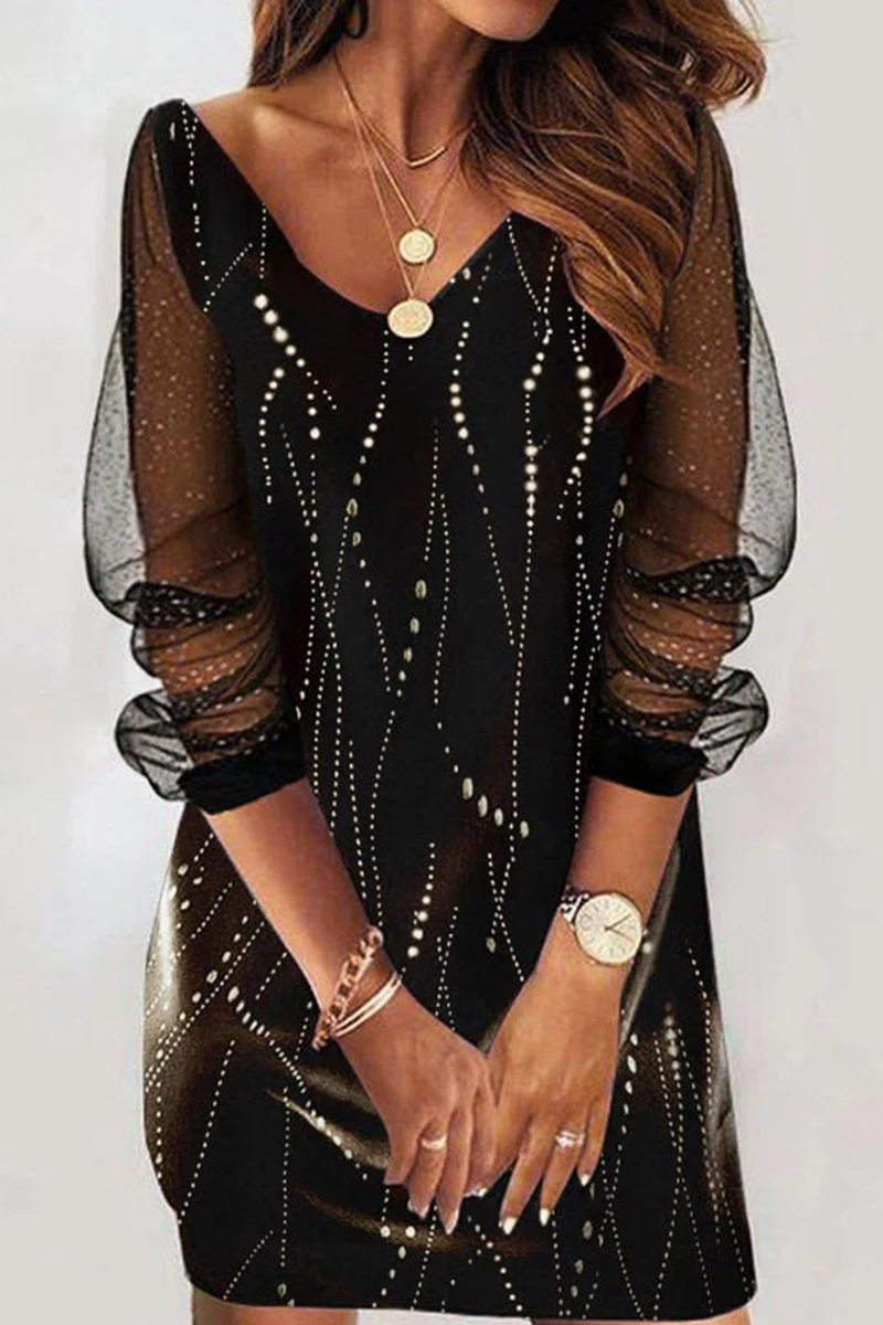 Kaynafashions - Casual Print Mesh V Neck Straight Dresses(6 Colors)