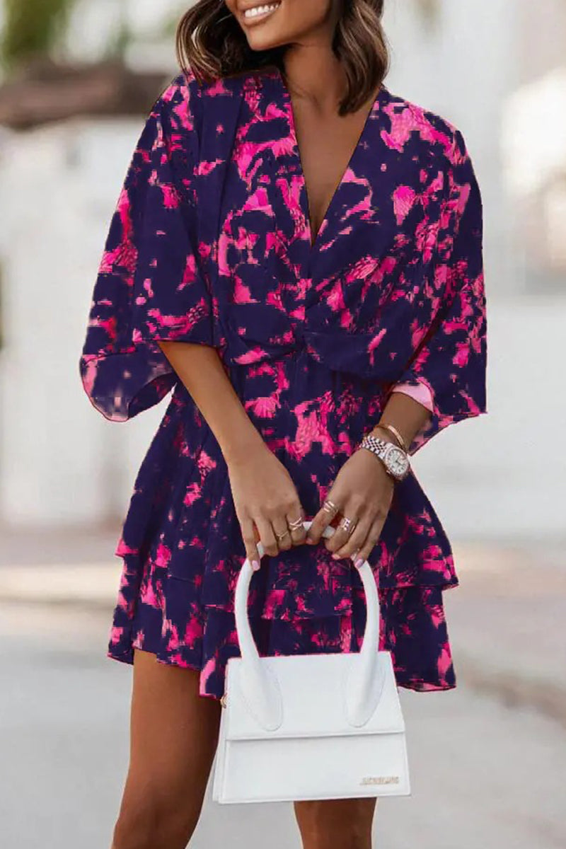 Kaynafashions - Sweet Elegant Floral Patchwork V Neck Pleated Dresses(9 Colors)