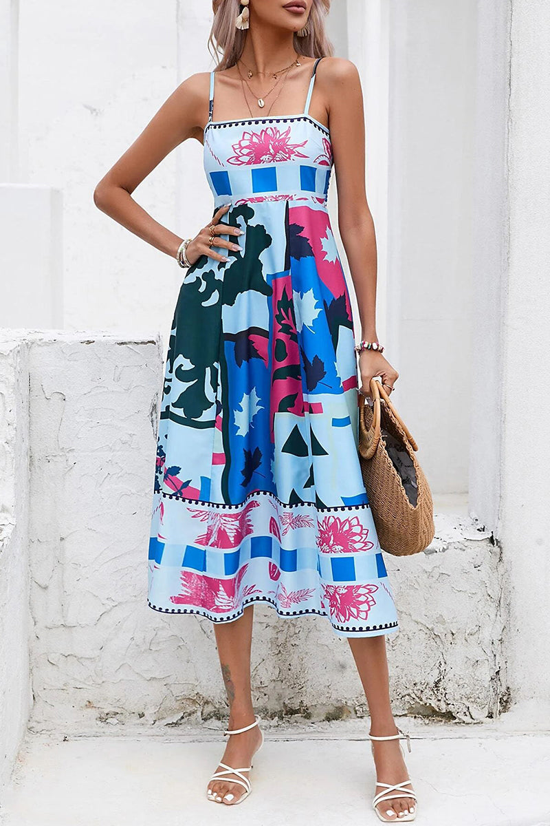 Kaynafashions - Sexy Print Patchwork Square Collar Sling Dress Dresses(3 Colors)