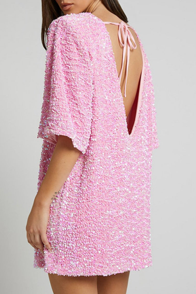 Kaynafashions - Casual Patchwork Sequins Frenulum Backless O Neck Dresses