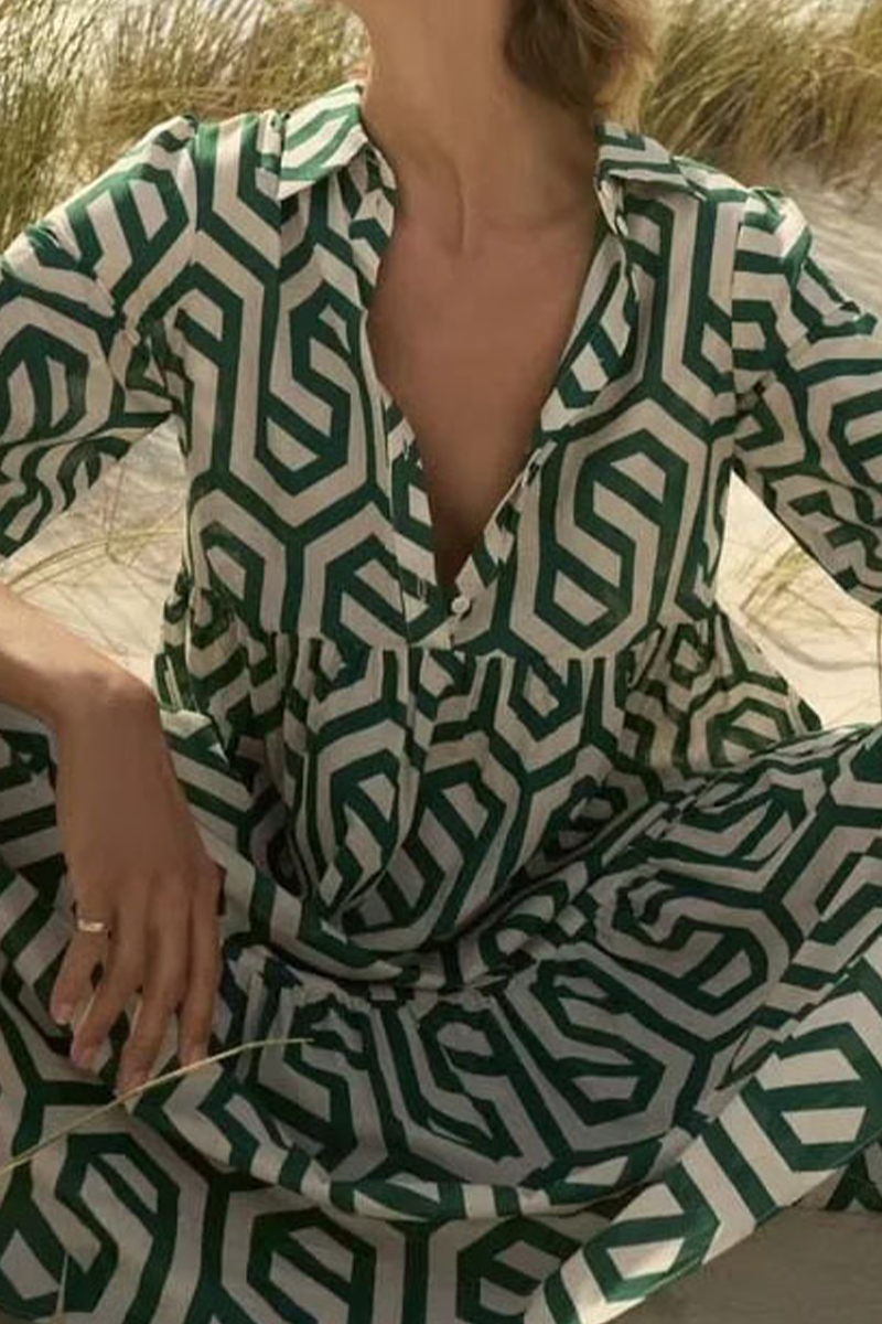 Kaynafashions - Casual Print Patchwork Turndown Collar Cake Skirt Dresses