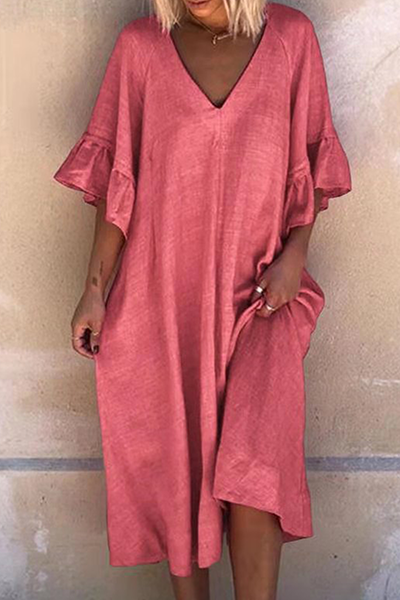 Kaynafashions - Casual Solid Patchwork Flounce V Neck Dresses