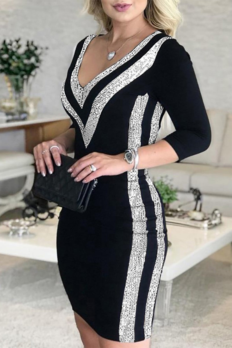 Kaynafashions - Striped Bead tube V Neck Sheath Dresses