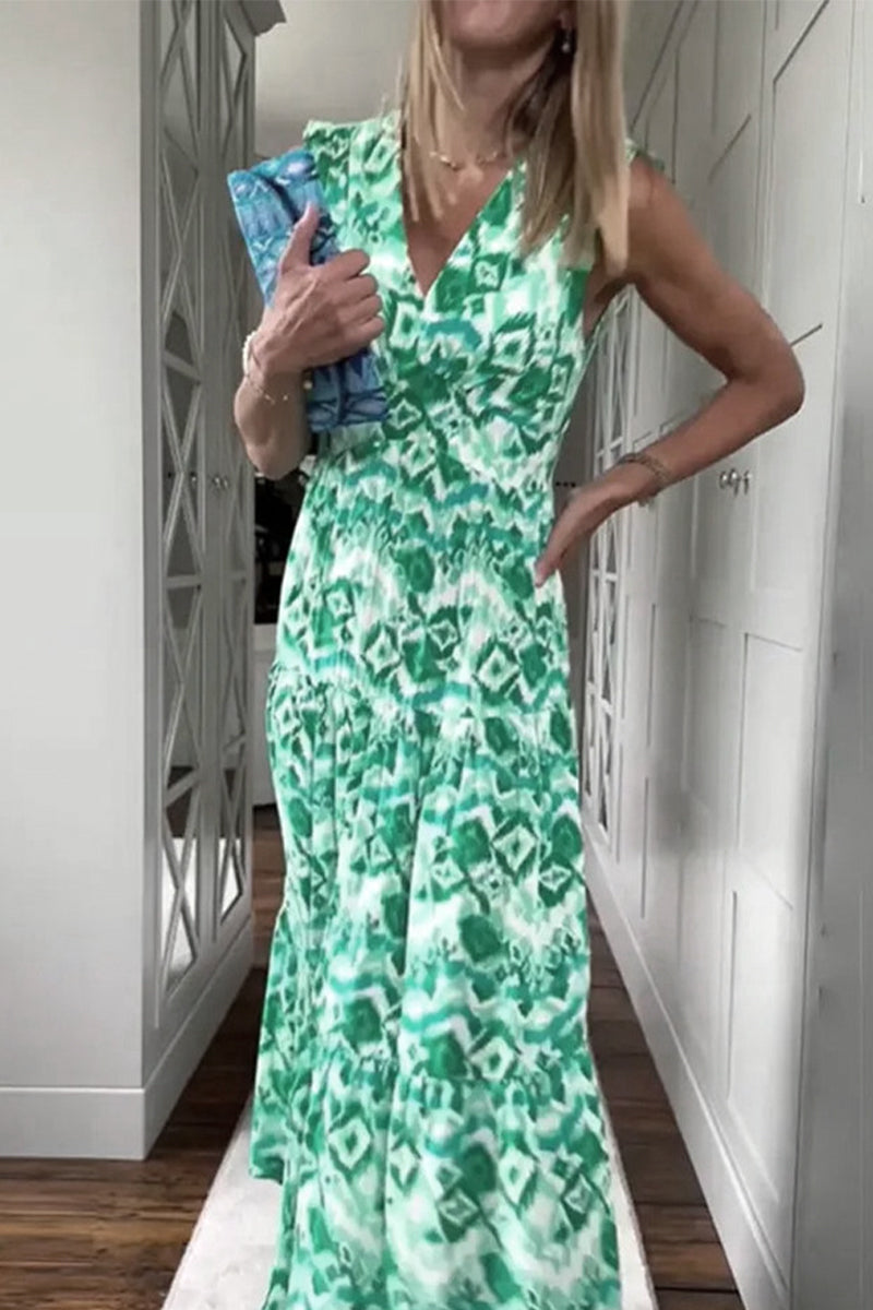 Kaynafashions - Sexy Geometric Printing V Neck Sleeveless Dress Dresses