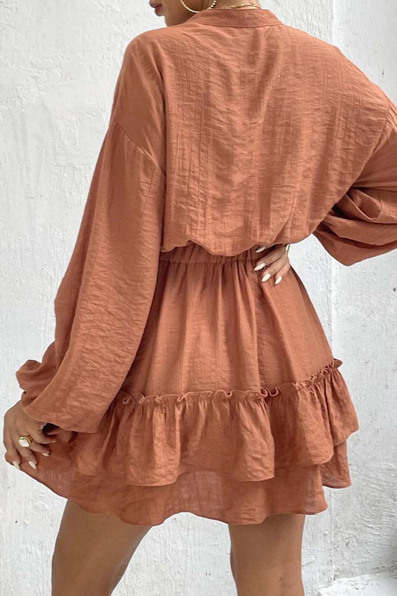 Kaynafashions - Casual Solid Flounce Half A Turtleneck Waist Skirt Dresses