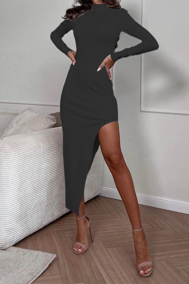 Kaynafashions - Sexy Solid Slit Half A Turtleneck Wrapped Skirt Dresses(3 Colors)