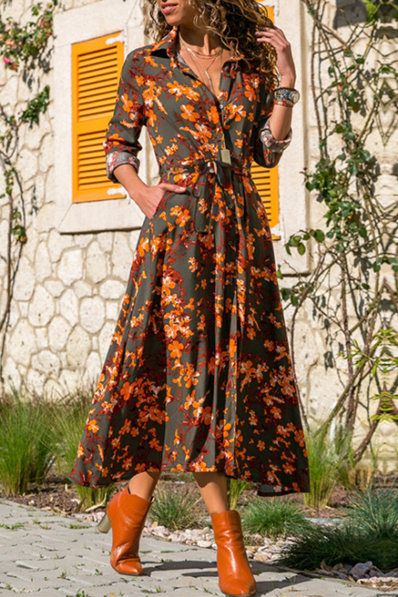 Kaynafashions - British Style Elegant Print Printing Turndown Collar A Line Dresses(4 Colors)