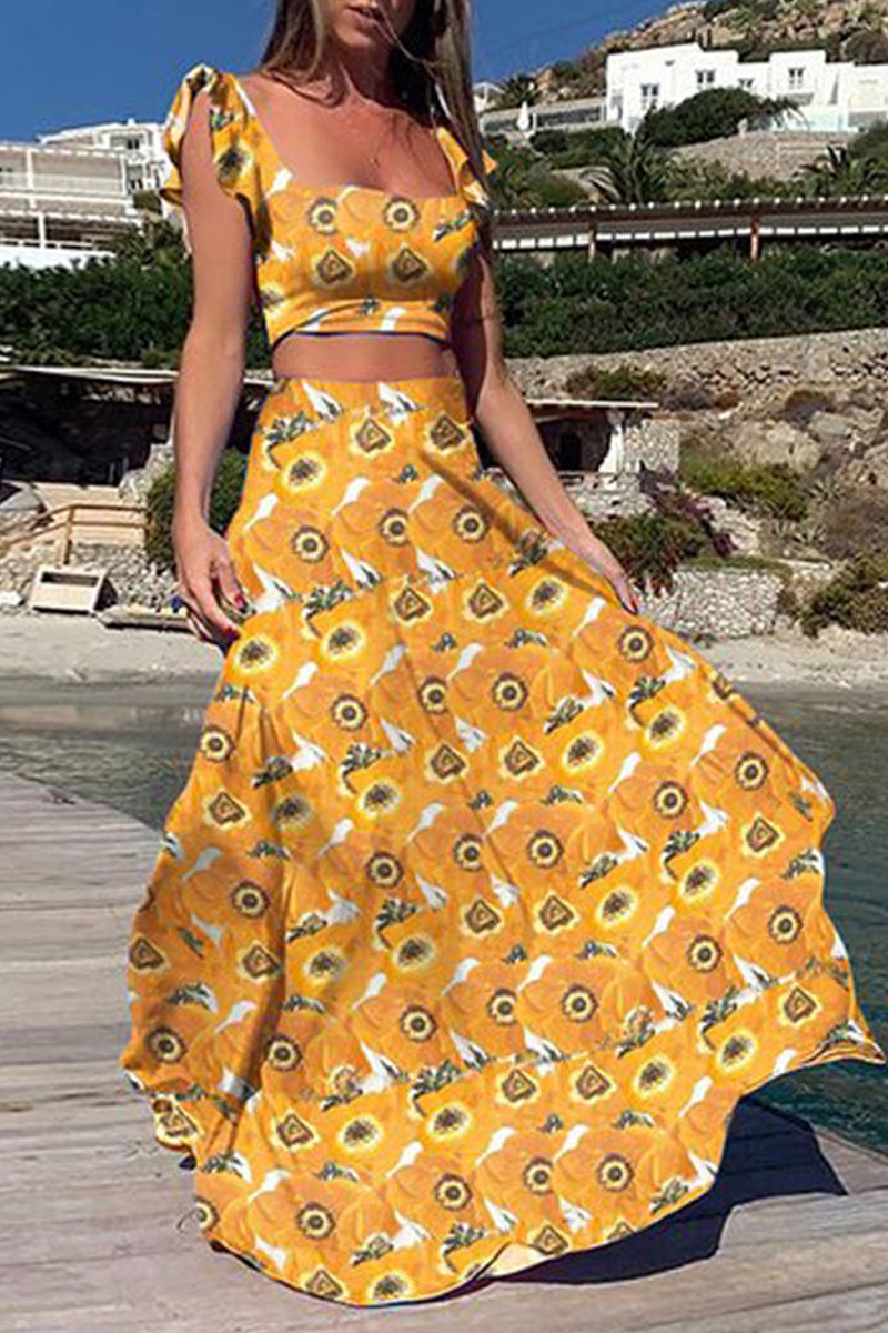 Kaynafashions - Bohemian Vacation Print Patchwork Square Collar Sleeveless Two Pieces(9 Colors)