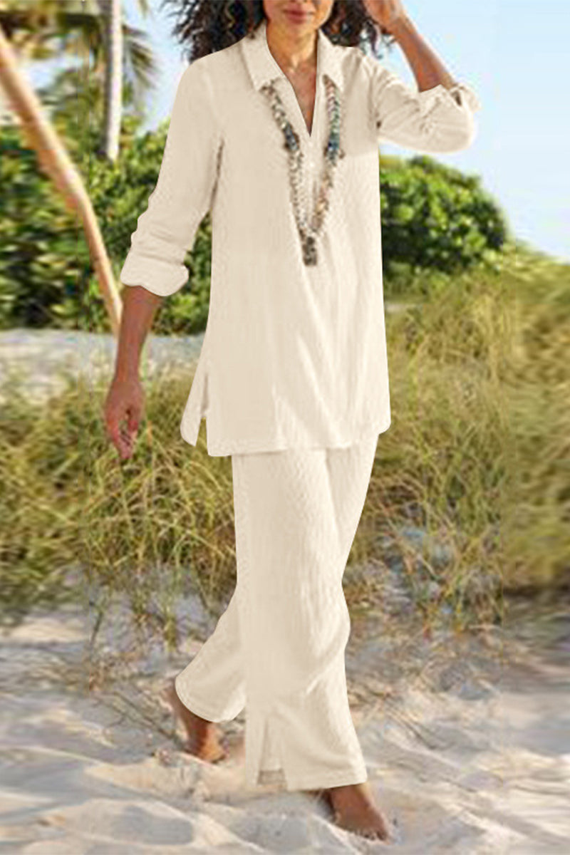 Kaynafashions - Casual Solid Slit V Neck Long Sleeve Two Pieces