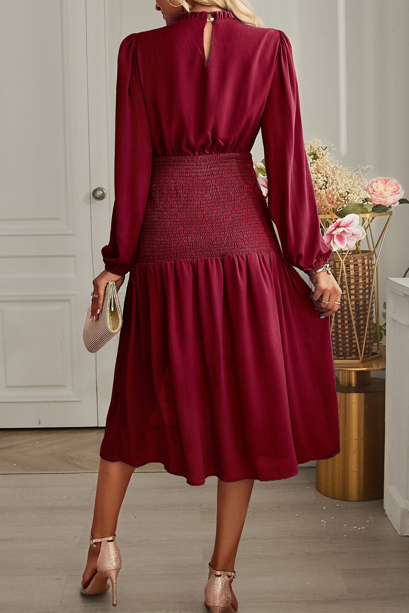 Kaynafashions - Elegant Solid Flounce Half A Turtleneck Waist Skirt Dresses