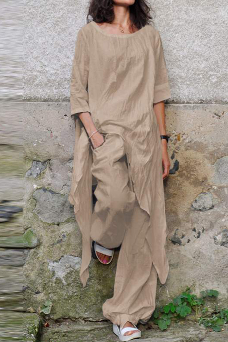 Kaynafashions - Casual Simplicity Solid Asymmetrical O Neck Three Quarter Two Pieces(4 Colors)