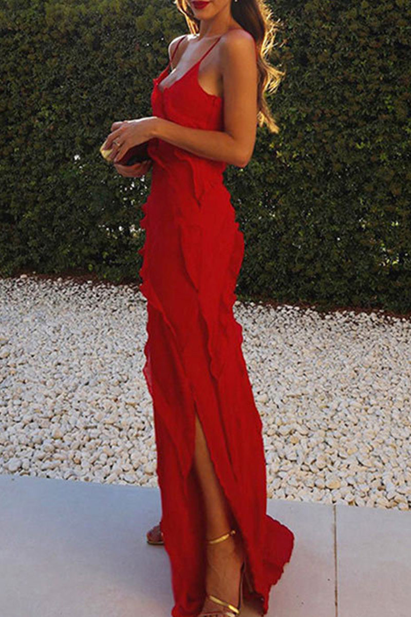 Kaynafashions - Sexy Celebrities Solid Flounce Slit V Neck Sling Dress Dresses