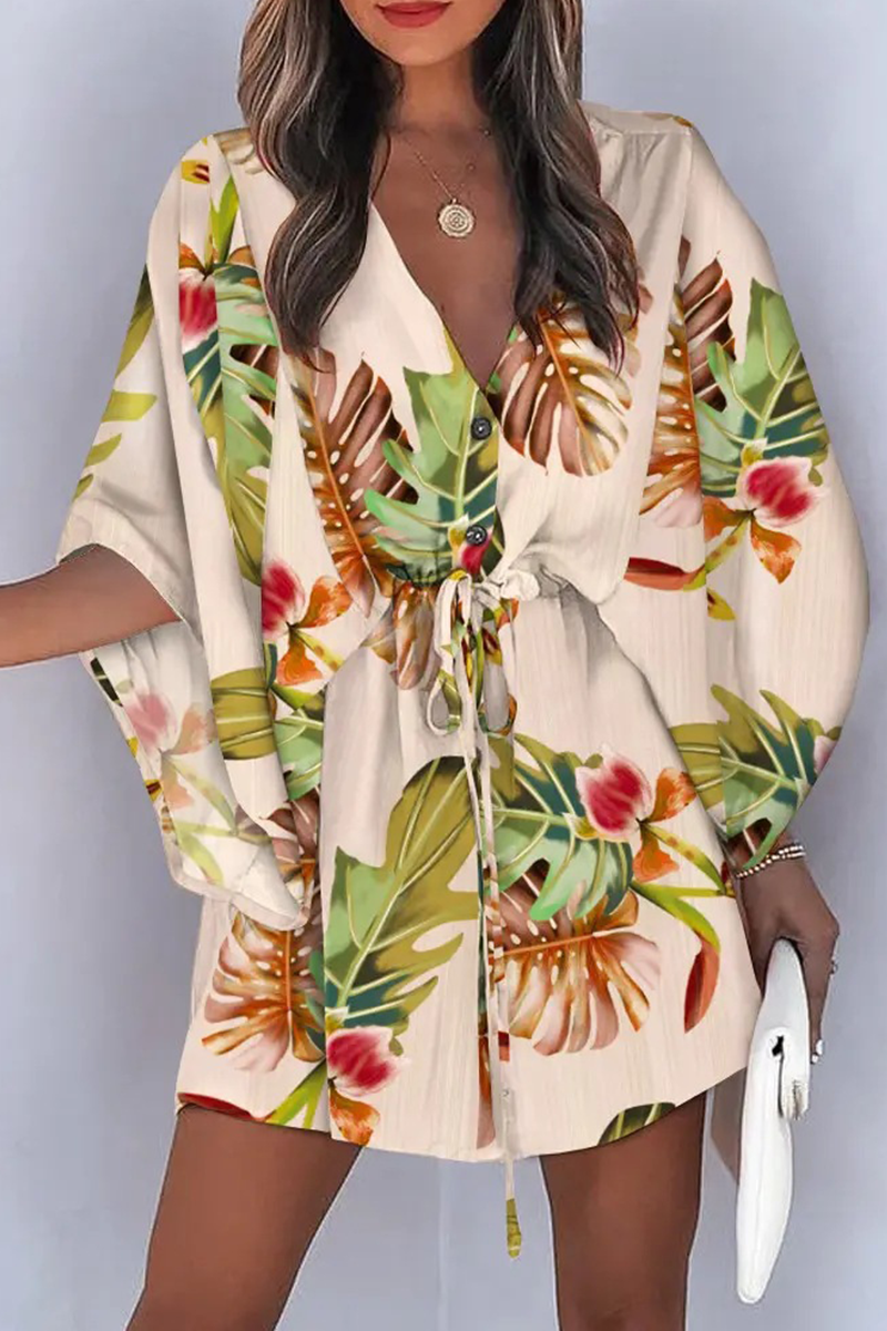 Kaynafashions - Casual Print Patchwork V Neck Waist Skirt Dresses(8 colors)