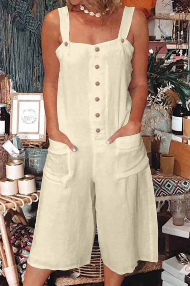 Kaynafashions - Casual Daily Solid Pocket Buttons Square Collar Loose Jumpsuits