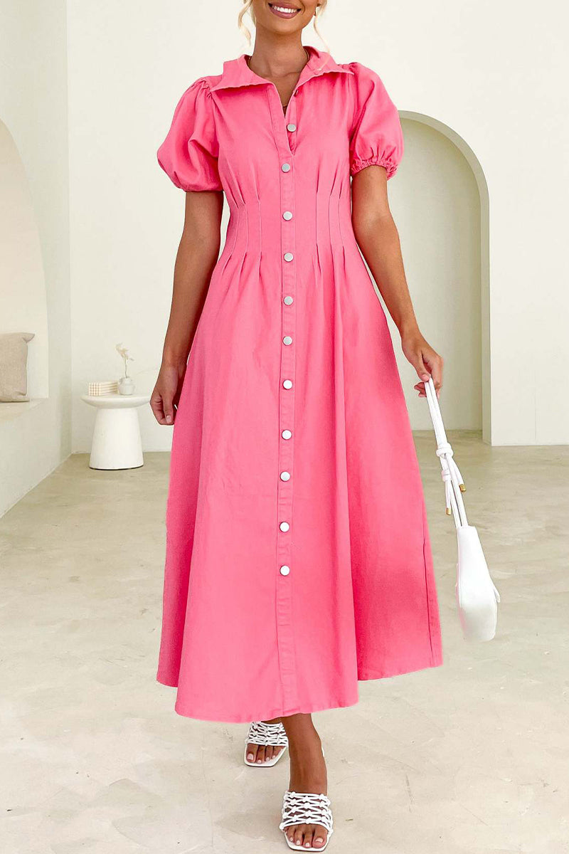 Kaynafashions - Casual Solid Buckle Turndown Collar A Line Dresses