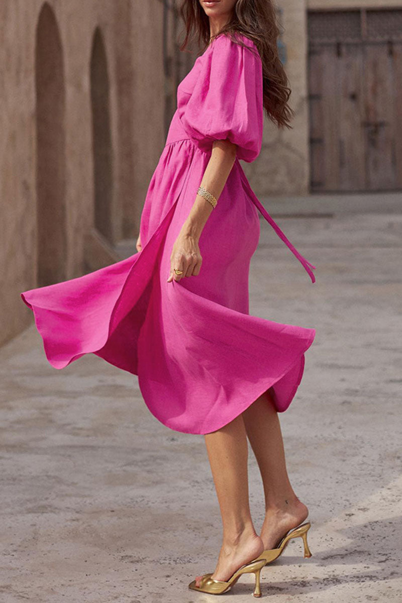 Kaynafashions - Casual Solid Bandage Patchwork Slit V Neck Straight Dresses(3 Colors)