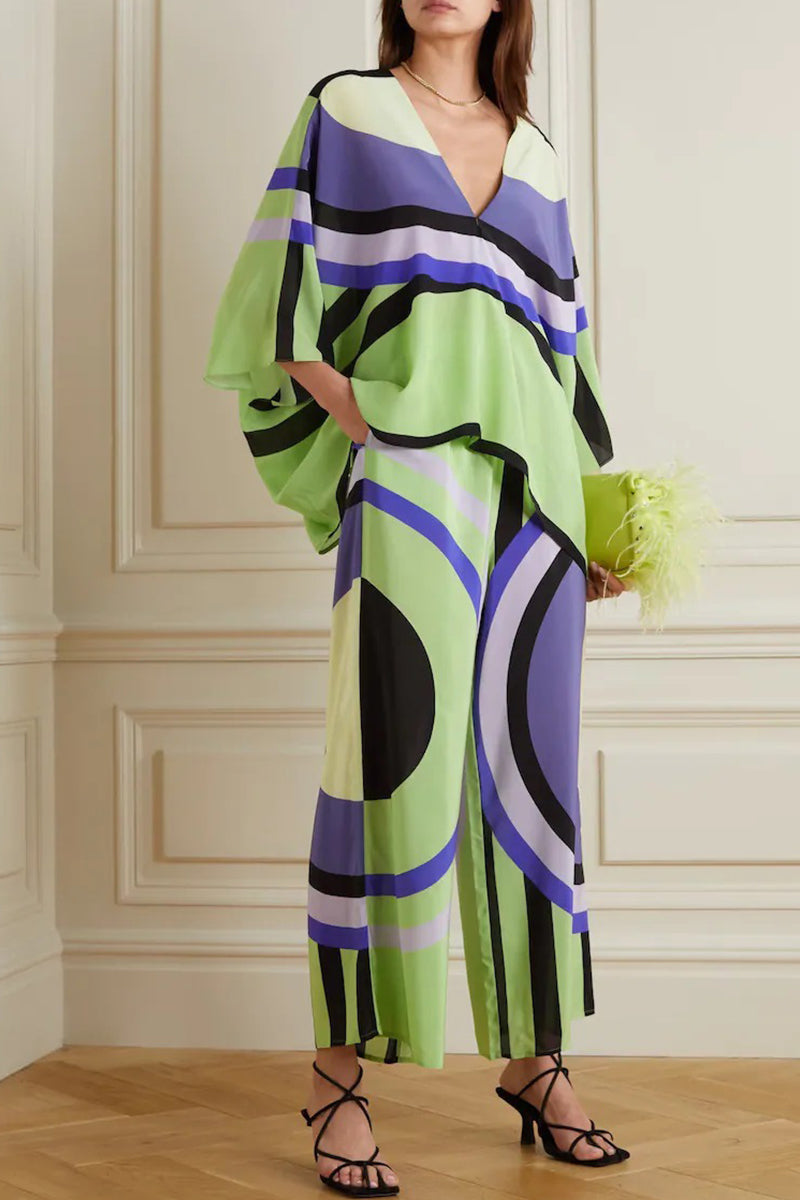 Kaynafashions - Casual British Style Geometric Print Patchwork V Neck Nine Points Sleeve Two Pieces