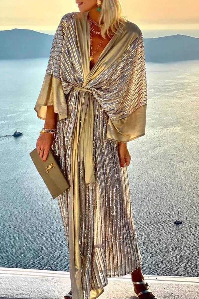 Kaynafashions - Casual Patchwork Sequins V Neck Waist Skirt Dresses(3 Colors)