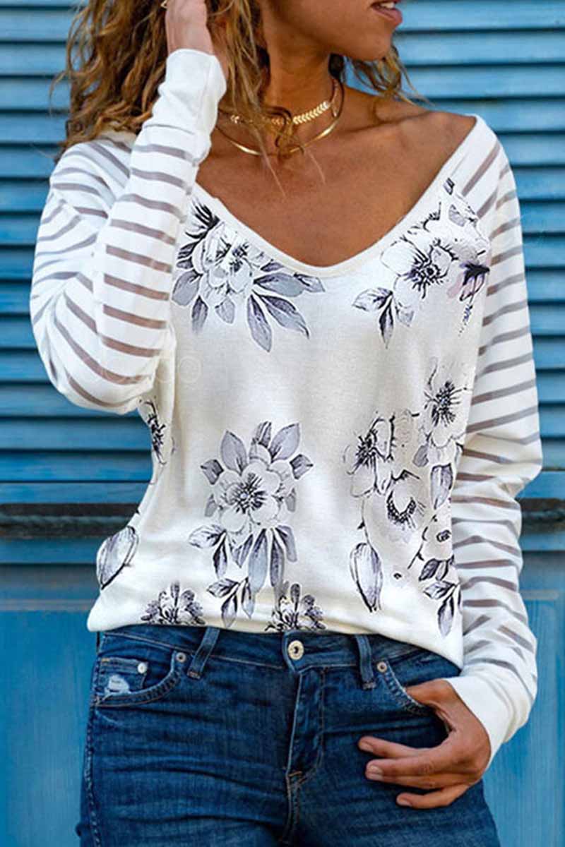 Kaynafashions - Casual Print Patchwork V Neck Tops(9 Colors)